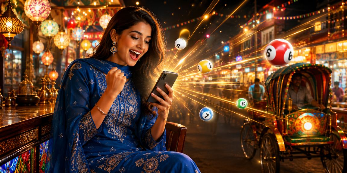ঢাকায় সালোয়ার কামিজ পরা নারী মোবাইলে লটারি ও বোনাস অফার দেখছেন
